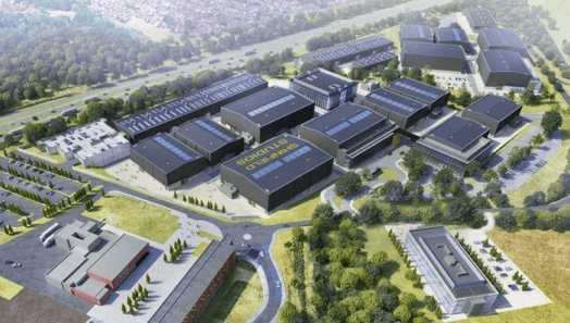 Aerial CGI of Shinfield Studios — a large-scale film and TV studio campus at Thames Valley Science Park, Berkshire
