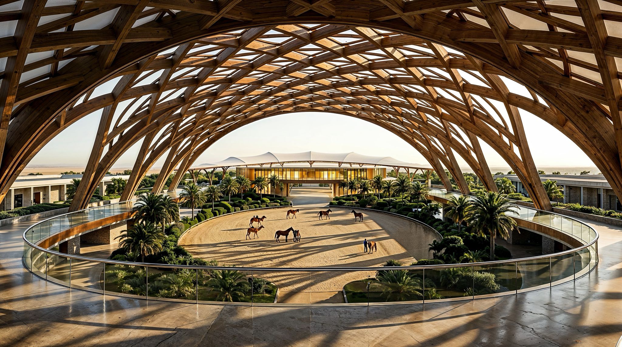 Interior of a world-class equestrian arena — soaring wooden lattice roof